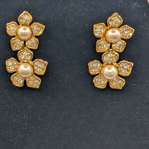 NOLAN MILLER Gold and Pearl Floral Earrings Costume Jewelry Drop Style Post Back